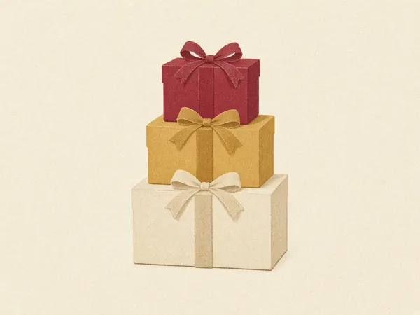 A stack of three gift boxes in cranberry, gold and cream, each tied with a bow