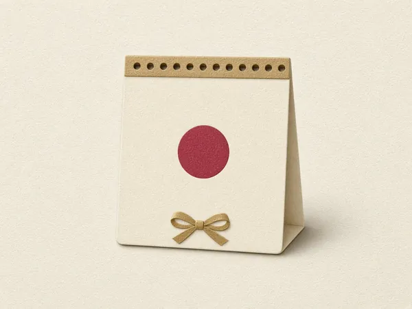 A cream desk calendar with a cranberry dot and a small gold bow