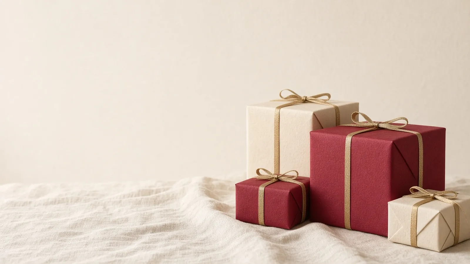 Gift boxes wrapped in cranberry and cream paper with gold ribbon